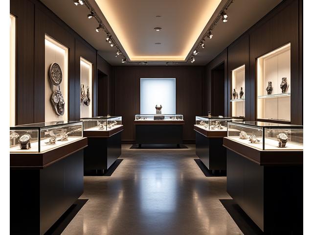 Luxurious and minimalist showroom interior displaying high-end watches in glass cases.