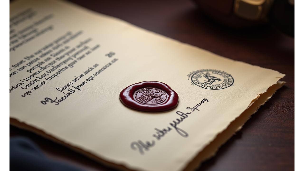 Close-up of an elegant, embossed certification document for a luxury watch, with a wax seal and official stamps, resting on a dark wood desk.