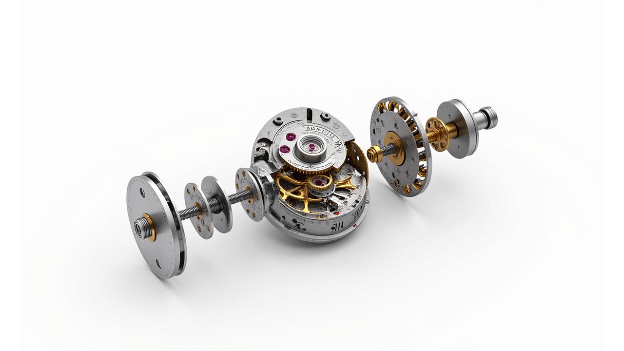 Detailed exploded diagram of a typical mechanical watch movement revealing all its components, against a clean white background.
