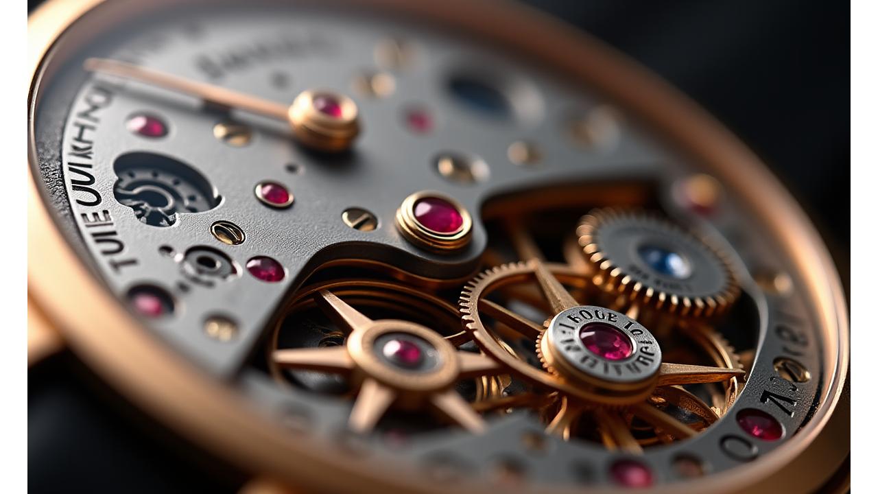 Macro shot of intricate Swiss mechanical watch movement, gears, springs, and jewels visible.