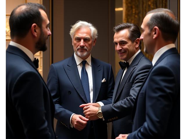 A diverse group of elegantly dressed gentlemen from various global backgrounds engaging in a sophisticated discussion over luxury watches at an exclusive international event.