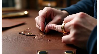 Artisan meticulously hand-stitching a leather belt in a well-lit workshop, focusing on detail.