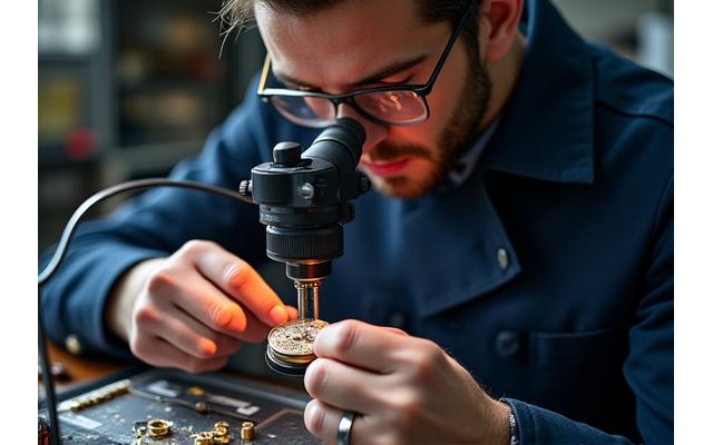 A skilled watchmaker meticulously examining a watch movement under a loupe in a clean, modern workshop, surrounded by specialized tools.