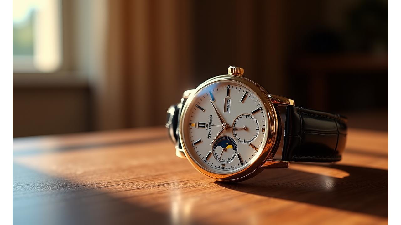 Close-up of a meticulously restored vintage watch with intricate dial details, resting on a sustainably sourced wooden surface, bathed in soft, natural light.